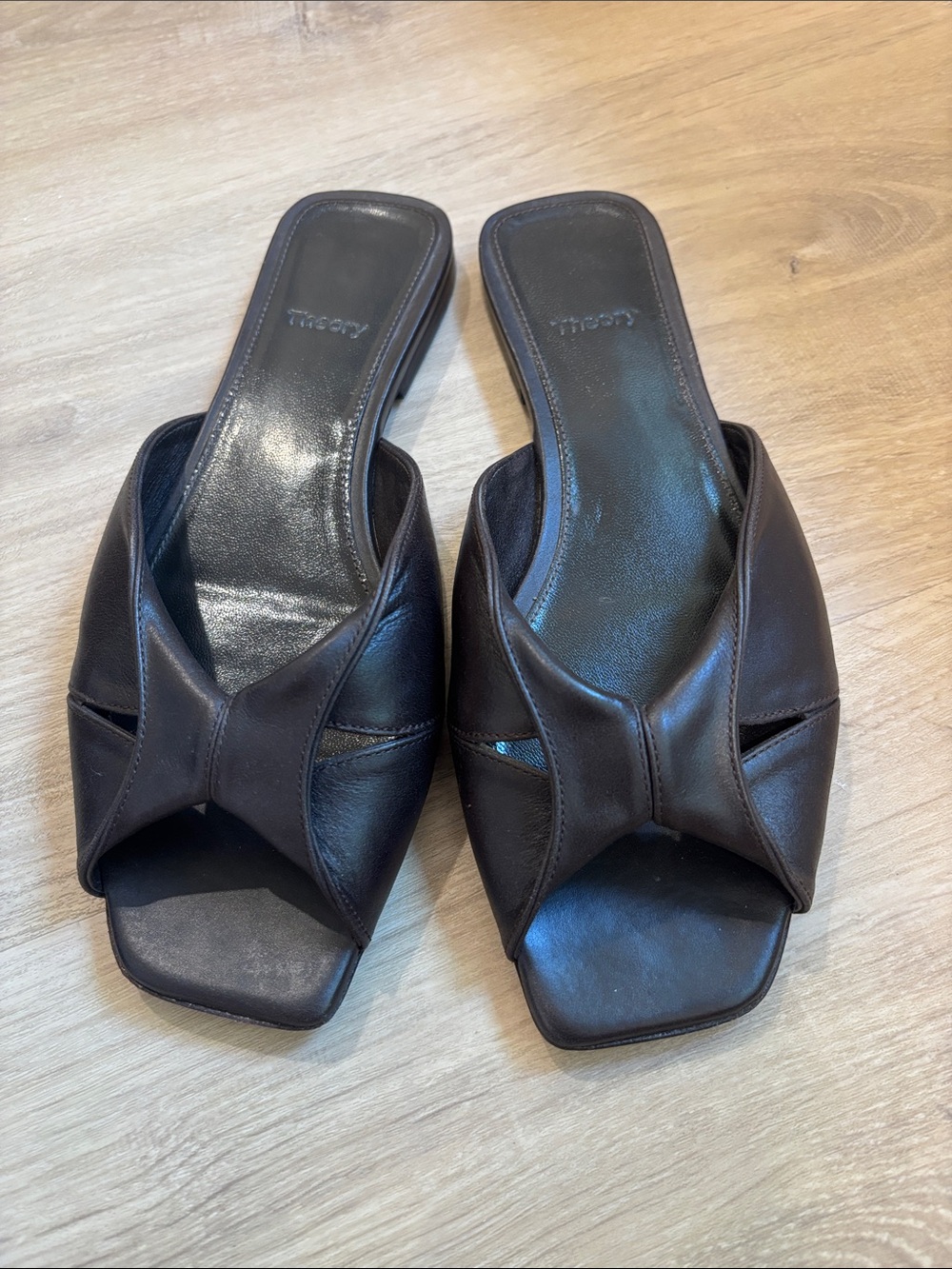 Theory Dark Brown Knotted Leather Slide Sandals